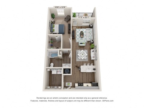 Floor plan of a 1 bedroom apartment The Redbud 826 sq. ft. at Ardmore at Flowers, North Carolina